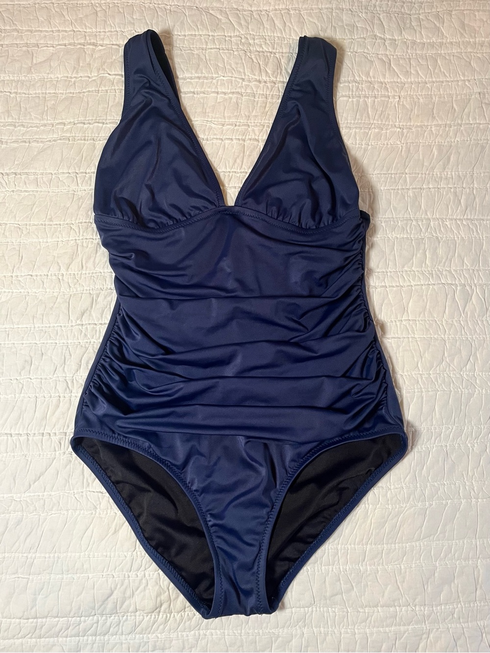 J.Crew Ruched V-Neck One-Piece Swimsuit Navy Blue Size 10 D-Cup